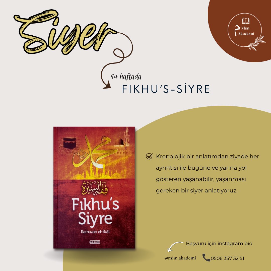 Siyer, sadece bir tarih değil; dünü, bugünü ve yarını kuşatan bir yaşam metodolojisidir. 🌿
.
.
.
#mimakademi #siyer #ilim #Rasulullah #ders #online

Katılım linki docs.google.com/forms/d/e/1FAI…