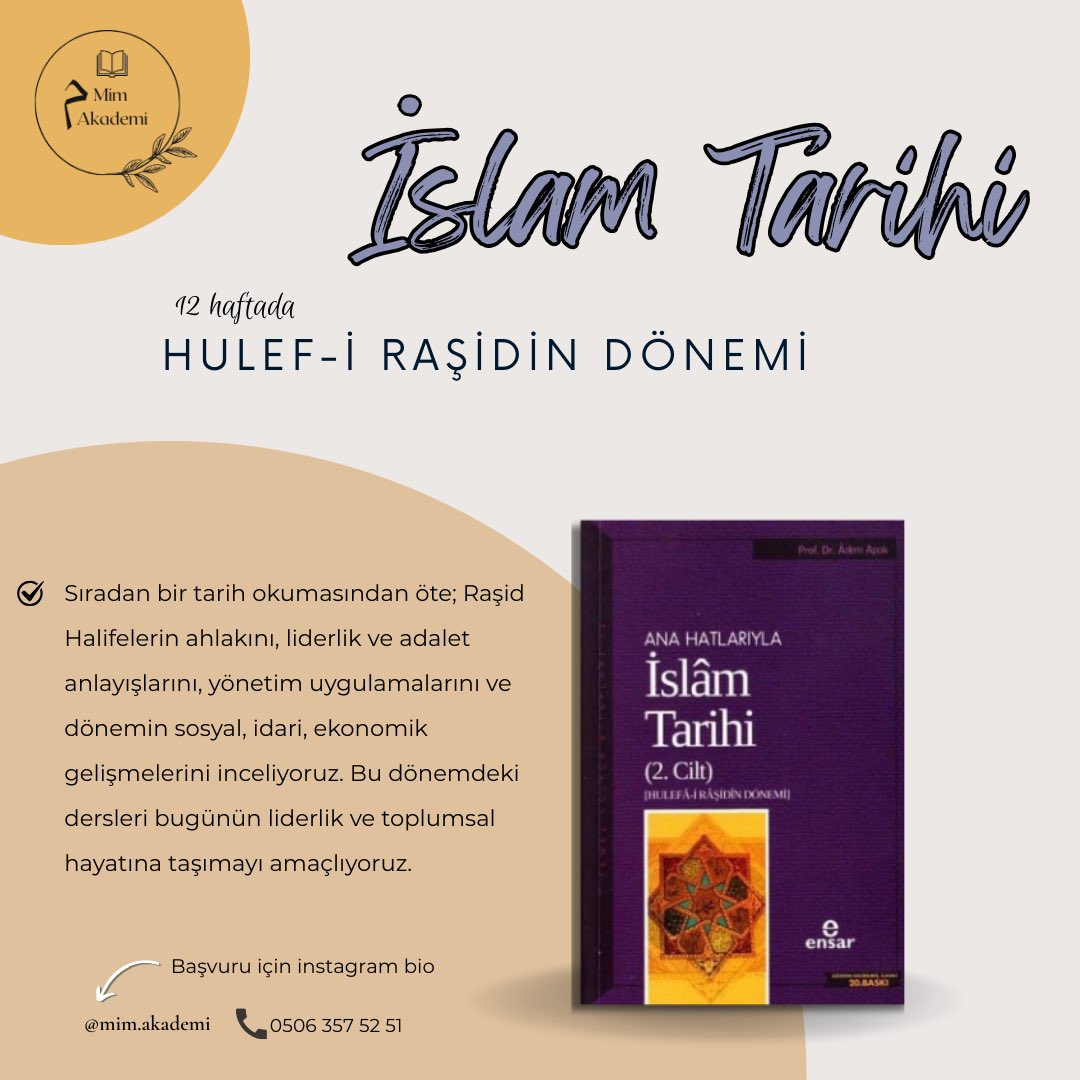 Raşid Halifelerin örnekliğinden bugünün toplumsal hayatına ve liderlik anlayışına dersler taşıyoruz. 📚
.
.
. 
#mimakademi #ilim #ders #islamtarihi #raşidhalifeler

Katılım linki docs.google.com/forms/d/e/1FAI…
