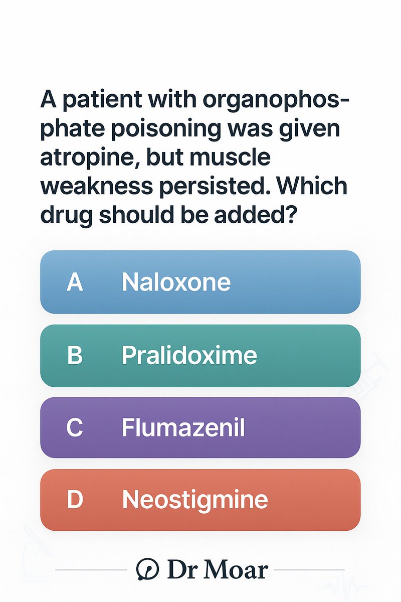A patient with organophosphate poisoning was given atropine, but muscle weakness persisted. Which drug should be added.? 🤔