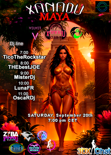 🌴✨ This Saturday, September 20th at 7:00 pm CET, step into the ancient magic of XANADU MAYA 🏛️🔥
A night of power, sensuality &amp; pure energy. Are you ready?
#Xanadu #3DXChat #Party #Maya #Club
