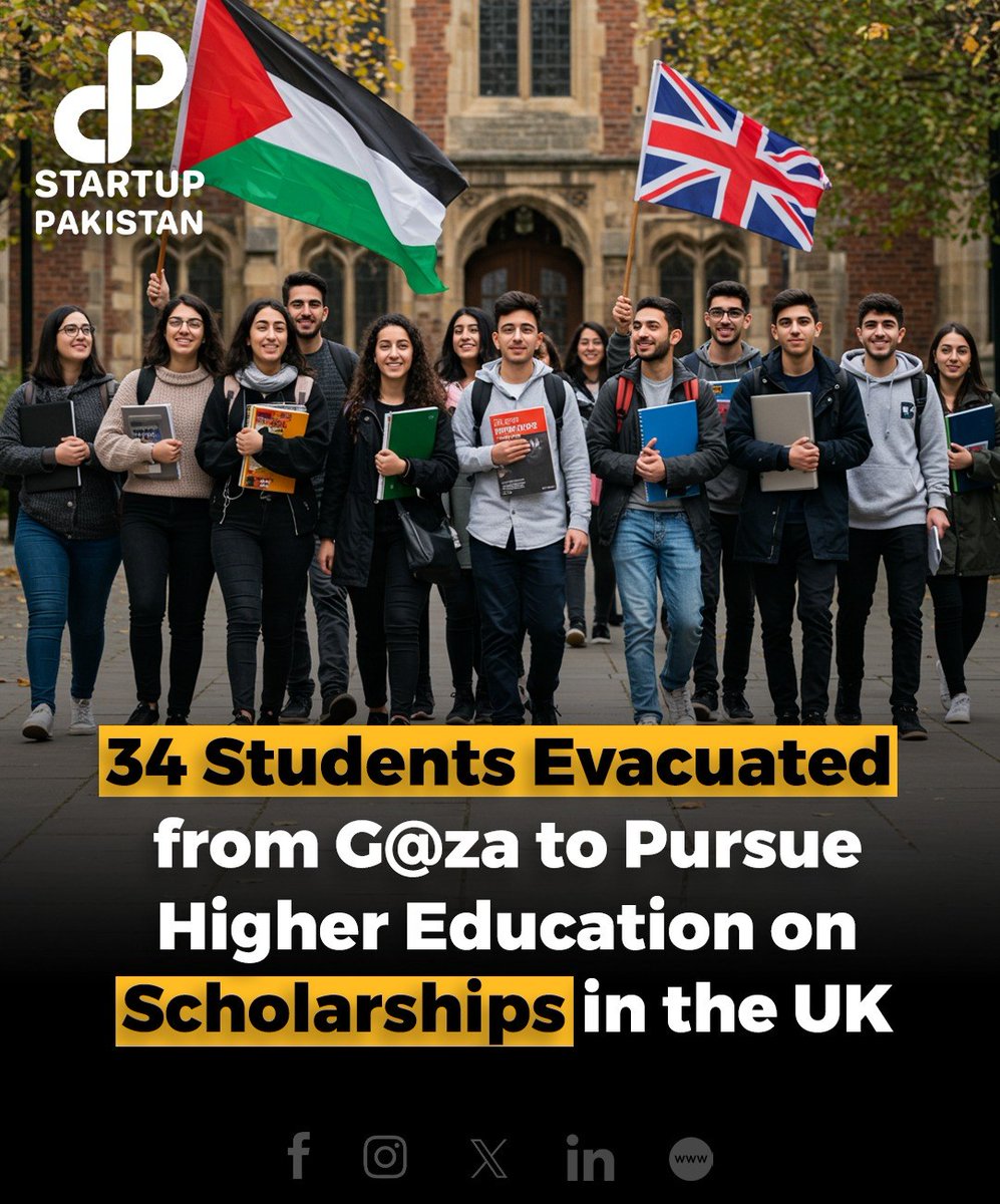 PakStartup's tweet photo. Thirty-four students from G@za have been safely evacuated to the United Kingdom to continue their higher education under scholarship programs. 

#GazaStudents #EducationForAll #ScholarshipsUK #HopeThroughEducation #YouthEmpowerment https://t.co/cJBdlL64Vc