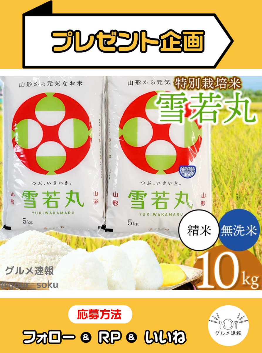 gour_soku's tweet photo. ブランド米 雪若丸10kgをプレゼント🎁

山形県産のブランド米 雪若丸！ふっくら美味しい贅沢な味を体験してみて🎉

🌈応募方法
1⃣当アカウントをフォロー
2⃣この投稿をリポスト&amp;いいね
3⃣このポストに「応募」とリプライ
⏰9月24日 23:59締切

当選者に直接DM💌 https://t.co/qeoR0iRlZU