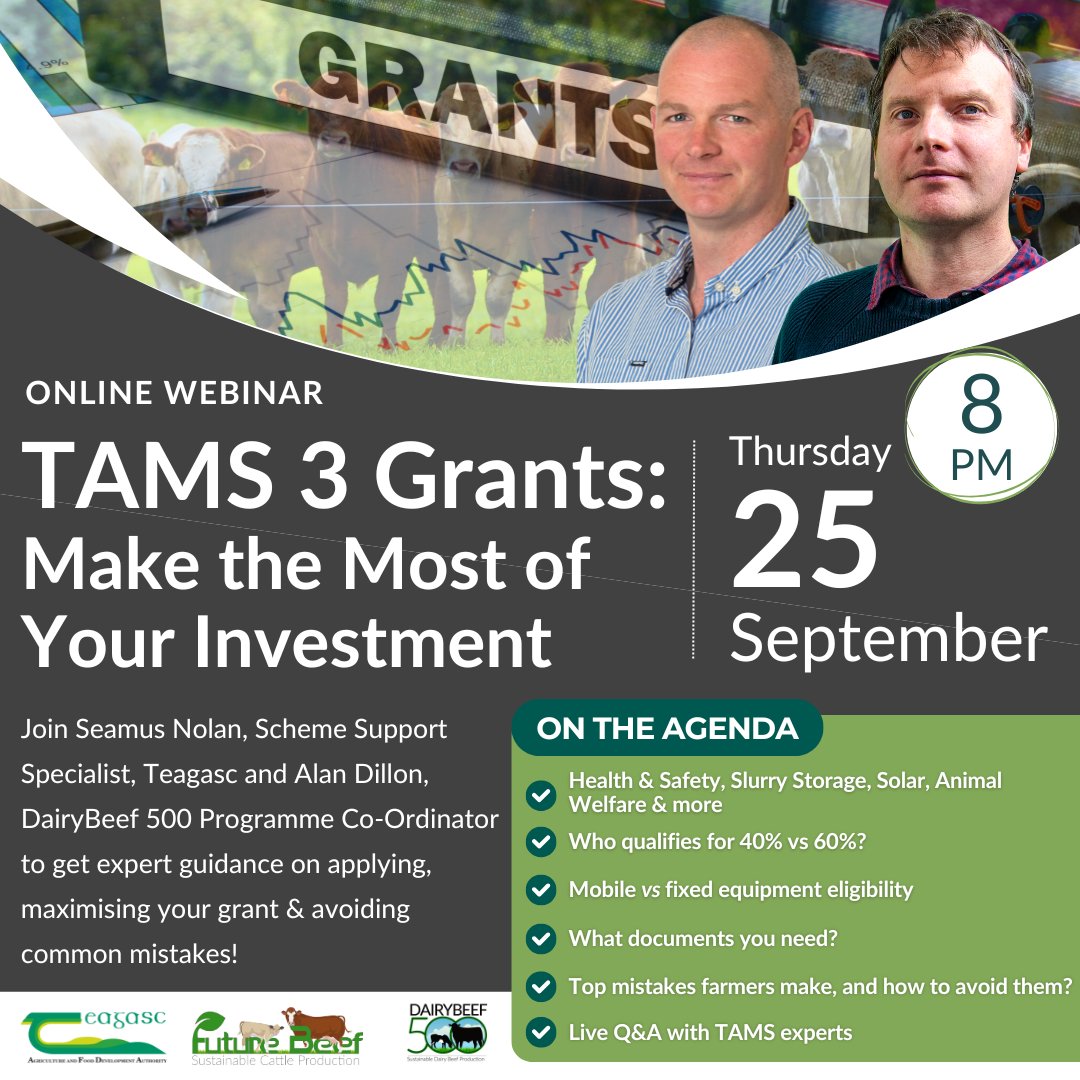 Have you got questions about Tax &amp; TAMS? Join our live Q&amp;A at 8pm on Sept 22 &amp; 25 and get expert tips on applying, maximising your grant &amp; cutting your tax bill.
Don't miss out on making smarter financial decisions! Register today at teagasc.ie/rural-economy/… <a href="/TeagascBeef/">Teagasc Beef</a>