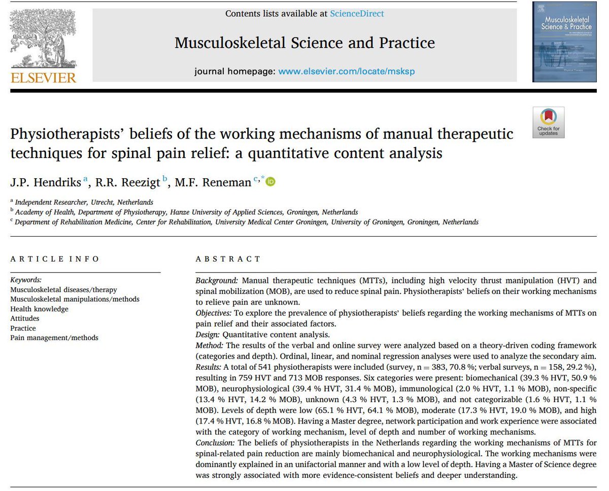 👐💭 Do physiotherapists believe spinal manual therapy works mainly through the body 🦴 or the nervous system 🧠? This study buff.ly/DrYCJ2g shows biomechanical &amp; neurophysiological explanations dominate—often with limited depth.