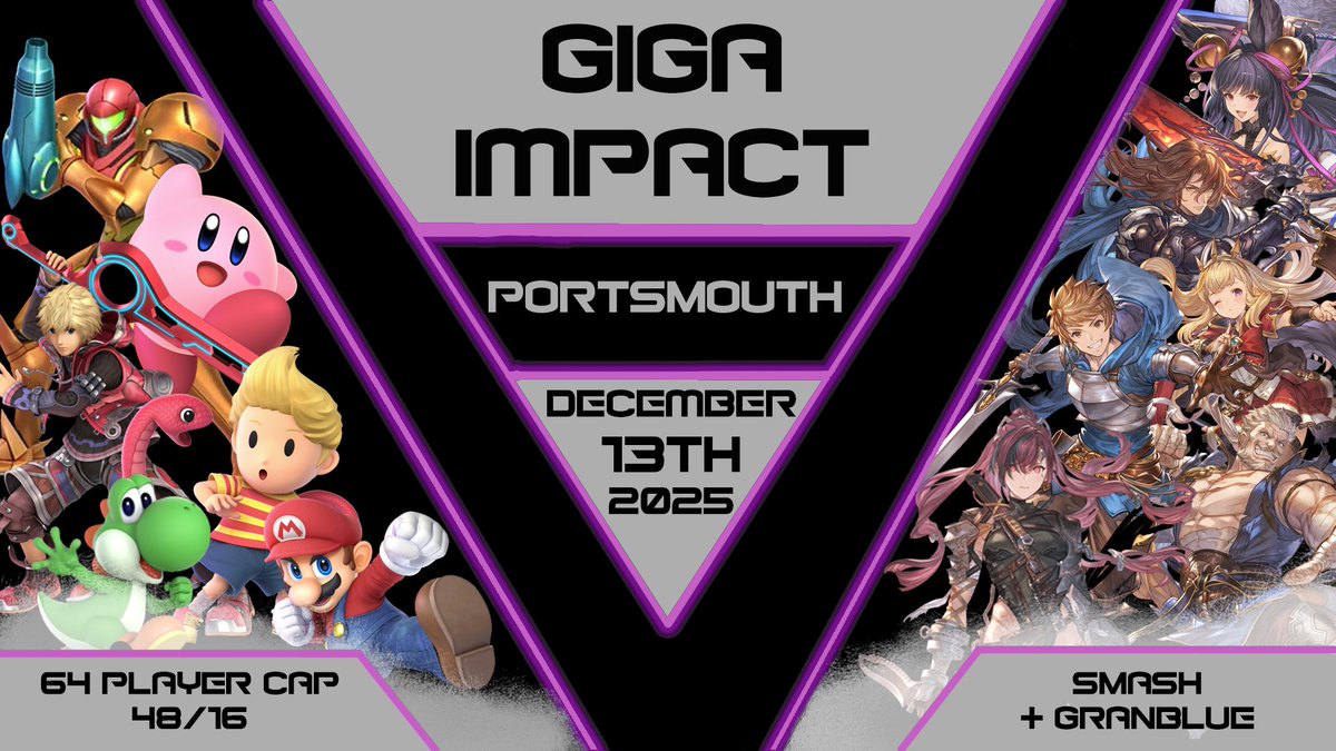 Introducing Portsmouth's newest dual tournamnet event - Giga Impact!!

An all day, 64 player event featuring Smash Bros and Granblue - each with a prize pot bonus!

Sign ups will be open soon, including limited early bird discounts, so dont miss out!
