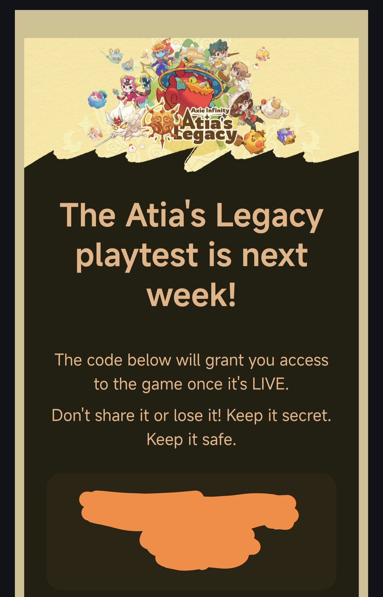 I finally got my Atia's Legacy playtest code! September 25 is the date 🎯

I'm so excited to finally play and give feedback or suggestions to the game! 

<a href="/AxieInfinity/">Axie Infinity</a>
#AtiasLegacy