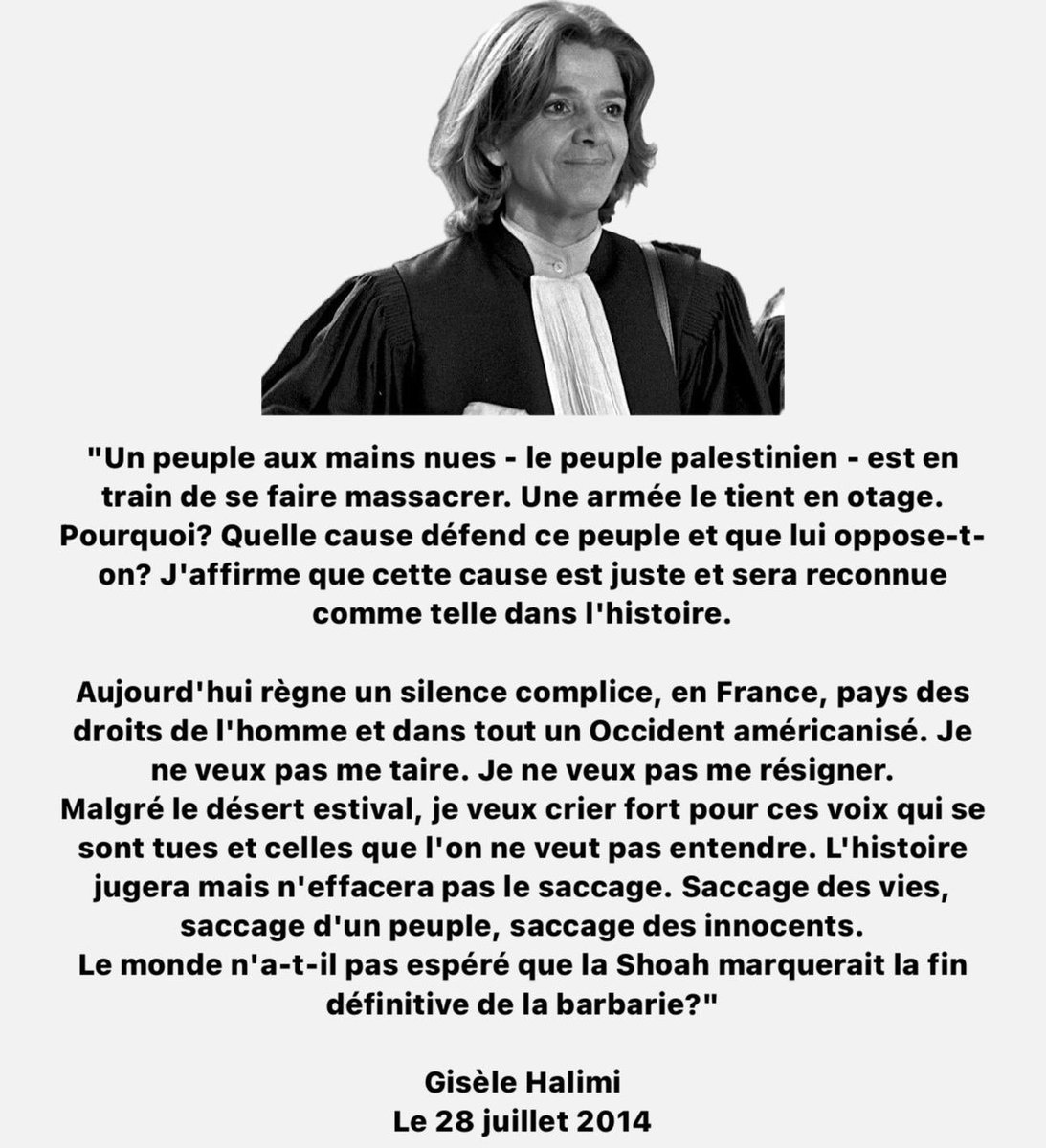 🇫🇷🇵🇸- Une HONTE : Charlotte Gainsbourg, qui doit incarner Gisèle Halimi au cinéma, soutient les crimes israéliens et a signé une tribune contre la reconnaissance de la Palestine.

Gisèle Halimi s’est toujours battue aux côtés des peuples opprimés, notamment du peuple palestinien.