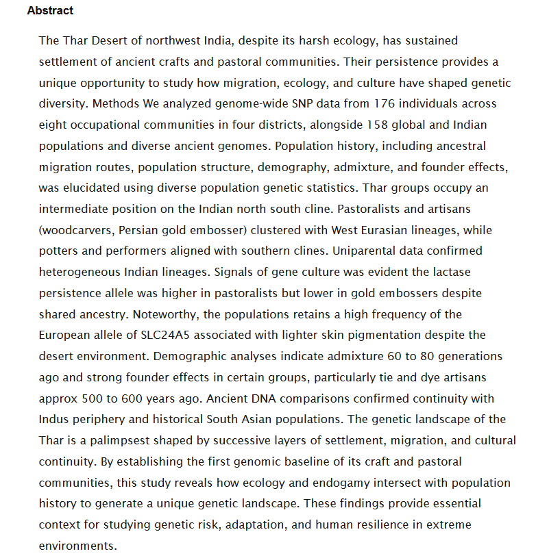 nrken19's tweet photo. Layers in the sand: The genetic imprint of migration, culture, and Indus craft in the Thar desert

Genome-wide SNP data from 176 individuals across eight occupational communities in four districts, alongside 158 global and Indian populations and diverse ancient genomes. Population history, including ancestral migration routes, population structure, demography, admixture, and founder effects, was elucidated using diverse population genetic statistics.

https://t.co/Mh41Rk2oHB
