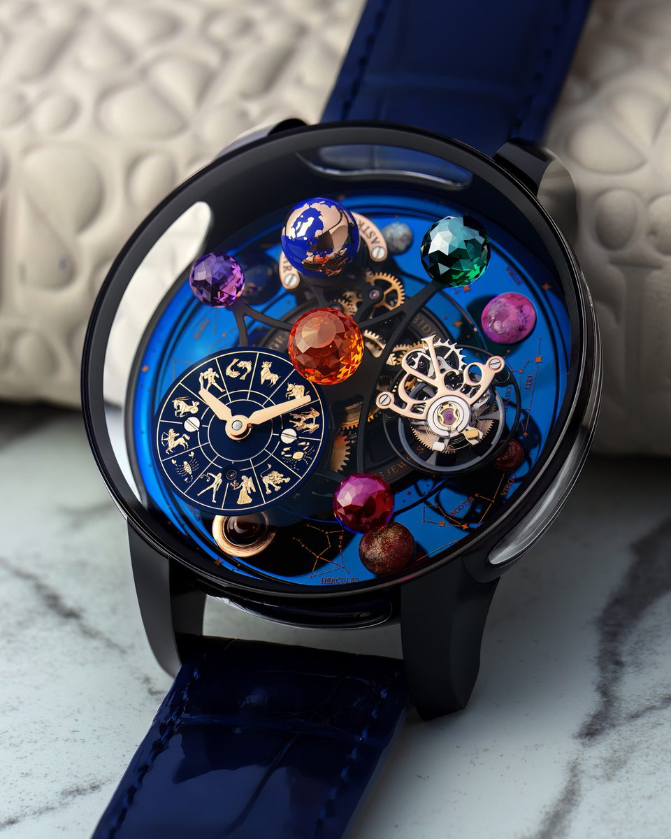 _Jacobandco's tweet image. A universe on the wrist. The Astronomia Solar Zodiac captures the poetry of time itself — planets and constellations in eternal motion, echoing the boundless rhythm of the cosmos.
44-mm black DLC titanium case
Full movement rotation in 10 minutes
Double-axis flying tourbillon
4…