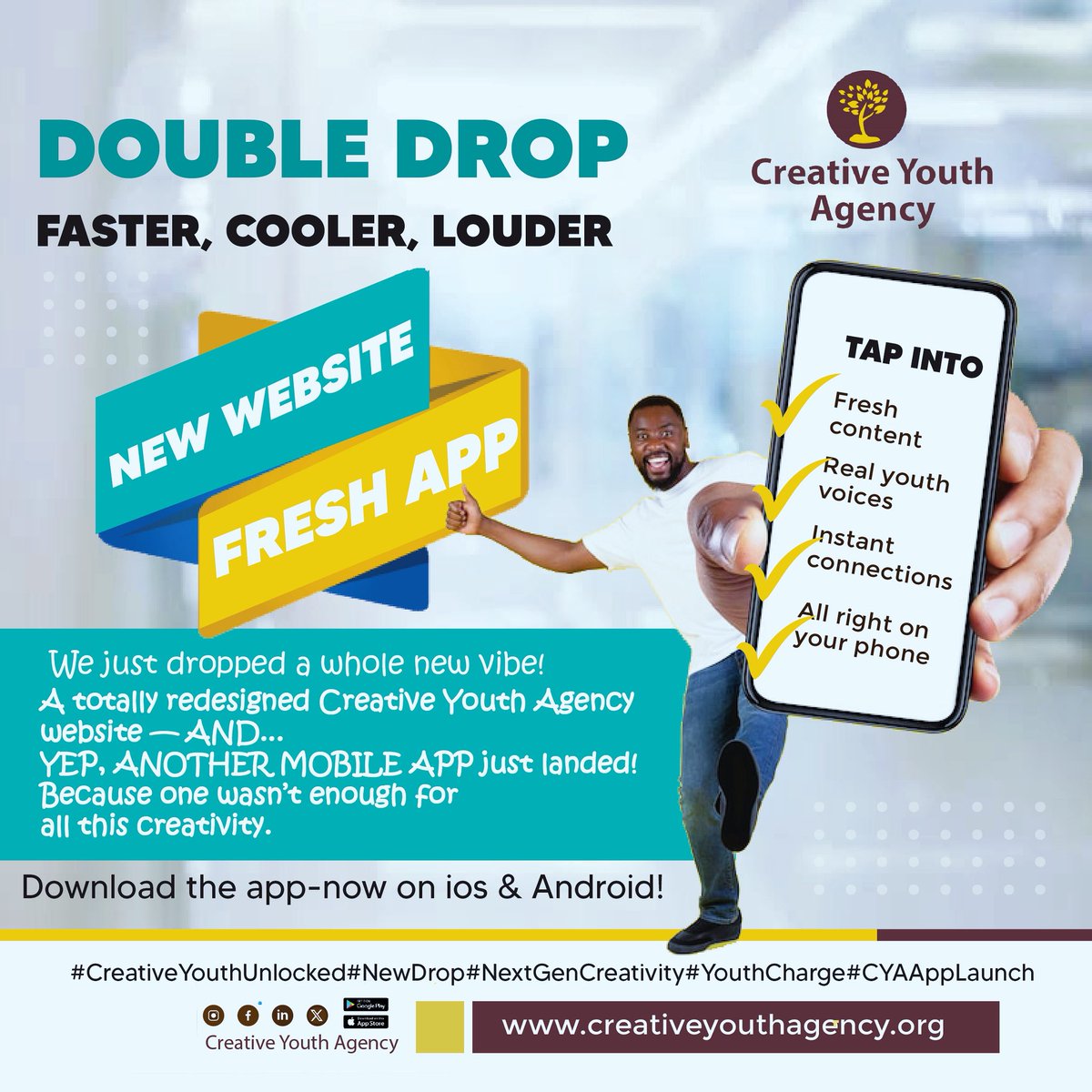 CreativeYouthUG's tweet photo. 🥁🥁 Big news! 🥁🥁
The Creative Youth Agency Mobile App is here 🎉 + our redesigned site 👉 https://t.co/0ki9iVV9ZK ✨
#YouthEmpowerment #NewMobileApp #WebsiteLaunch https://t.co/aE1KZCkmbP