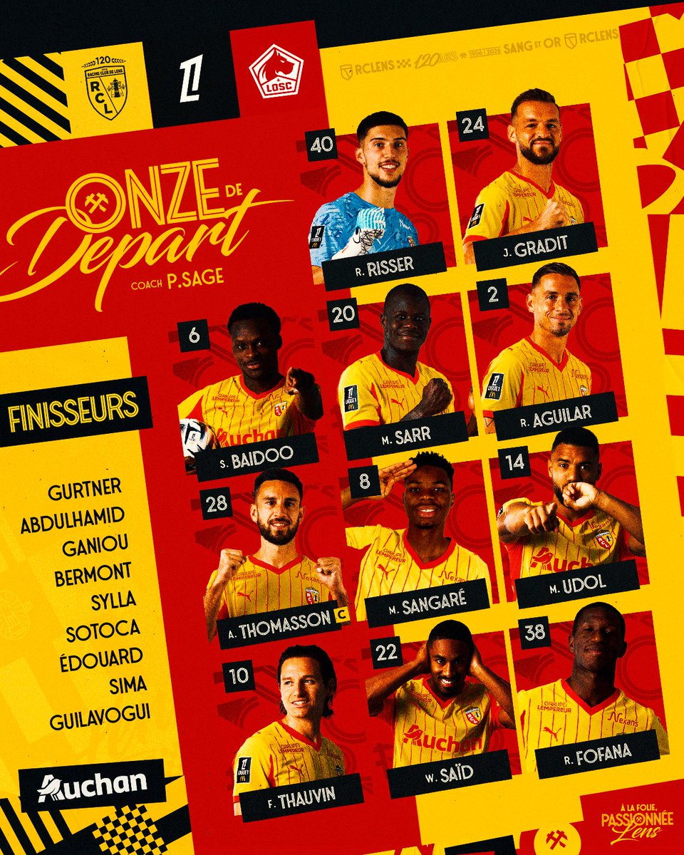 RCLens's tweet image. 𝑯-𝟏 avant #RCLLOSC à Bollaert-Delelis 🔴🟡

Voici le 𝒐𝒏𝒛𝒆 𝒍𝒆𝒏𝒔𝒐𝒊𝒔 choisi par Pierre Sage pour débuter le derby. ⚒️

#FiersDEtreLensois