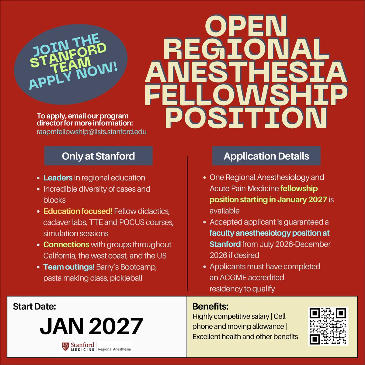 We have a new #regionalanesthesia fellowship position opening for January 2027 at <a href="/stanfordanes/">Stanford Anesthesiology</a>!

This is a chance to train with internationally-recognized expert faculty both at Stanford and <a href="/VAPaloAlto/">VA Palo Alto HCS</a>.

Please see flyer below for details and consider applying!