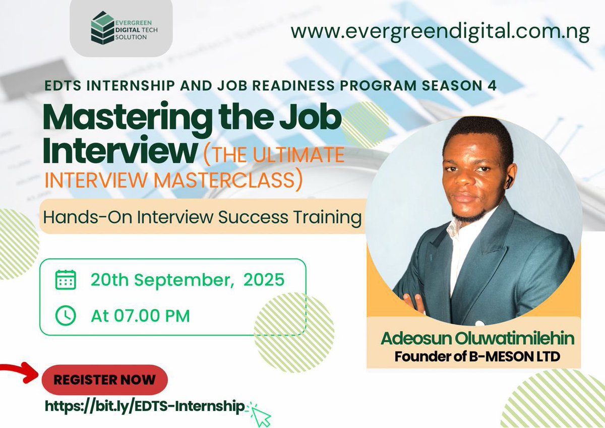 We go LIVE at 7:00 PM (WAT) today! 🚀

Join us for Mastering the Job Interview 💼✨

Don’t miss this chance to gain hands-on interview success skills!

Register 👉 bit.ly/EDTS-Internship

#JobInterview #EDTS #CareerSuccess