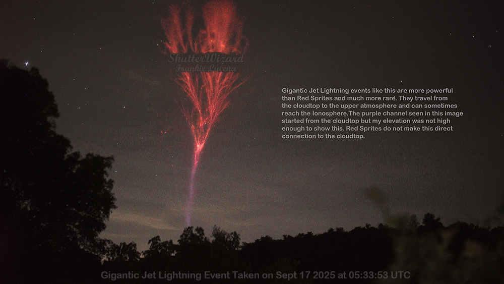 frankie57pr's tweet image. Gigantic Jet Lightning  is often mistaken for a Red Sprite. Gigantic Jets are more powerful and much more rare than Red Sprites. @DeborahTiempo @adamonzon @weatherchannel @NASA @NOAA @ASIM_Payload @spritacular @NWS @WMO @ametsoc @AMSAtmoElect @atmos_elect @CBSNews @foxweather