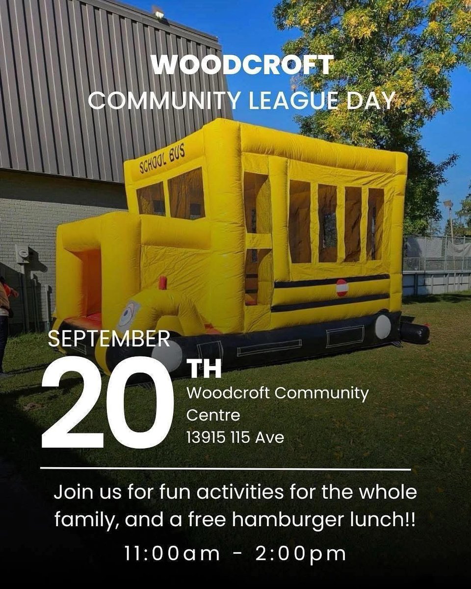🎉 Woodcroft Community League Day is TODAY!
Join us 11AM–2PM at Woodcroft Hall (13915–115 Ave) for free BBQ, face painting, &amp; fun for all ages! 🍔🎨
Meet your neighbours &amp; grab your membership!
FREE for everyone – see you there!
