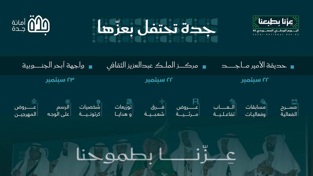 jedgovsa's tweet image. #أمانة_جدة
فعاليات متنوعة في عدد من المواقع بمناسبة #اليوم_الوطني_السعودي_95
·مركز الملك عبدالعزيز الثقافي ( أبرق الرغامة )
·حديقة الأمير ماجد
·واجهة أبحر الجنوبية
#عزنا_بطبعنا 🇸🇦