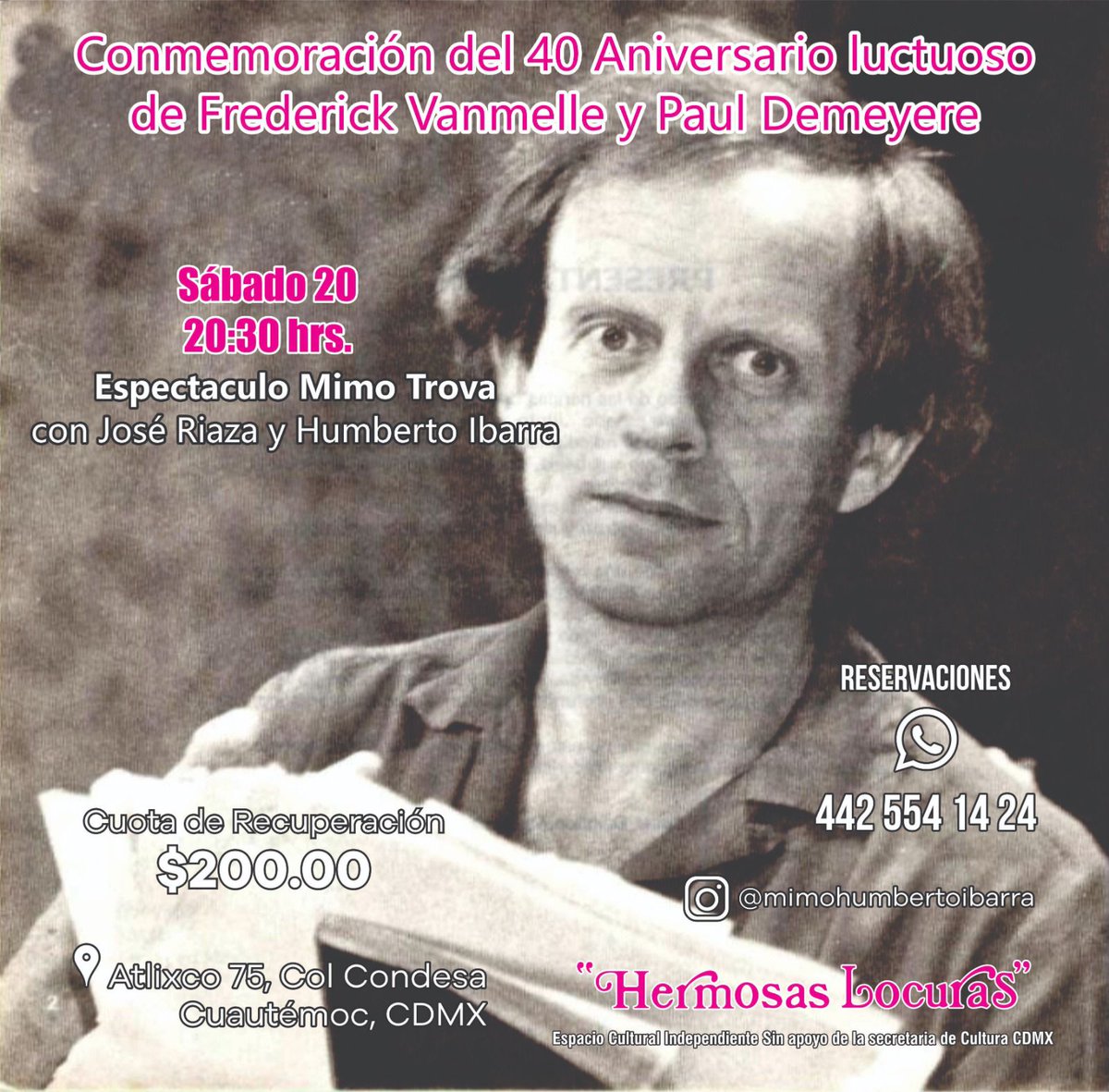 Hoy sábado tendremos un concierto muy especial fusionado con el arte del mimo de Humberto Ibarra. Será 8 PM en Hermosas locuras, Col. Condesa #JoseRiazaEnConcierto Entradas: 442 554 1424
