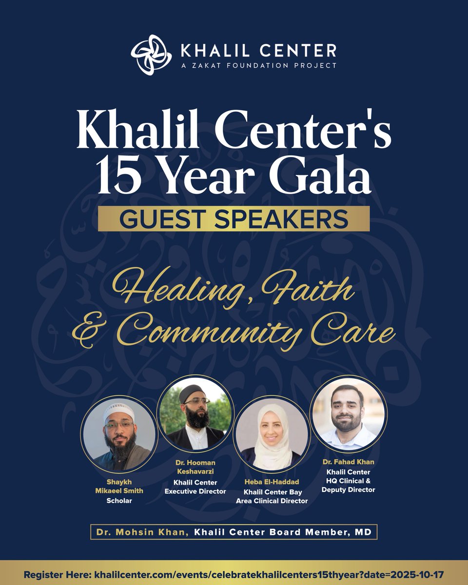 ✨ Join us at Khalil Center’s 15 Year Gala! ✨
An evening of Healing, Faith &amp; Community Care with inspiring guest speakers.

📅 October 17, 2025
📍 Ambiance Banquets, Villa Park, IL
👉 Register now: khalilcenter.com/events/celebra…