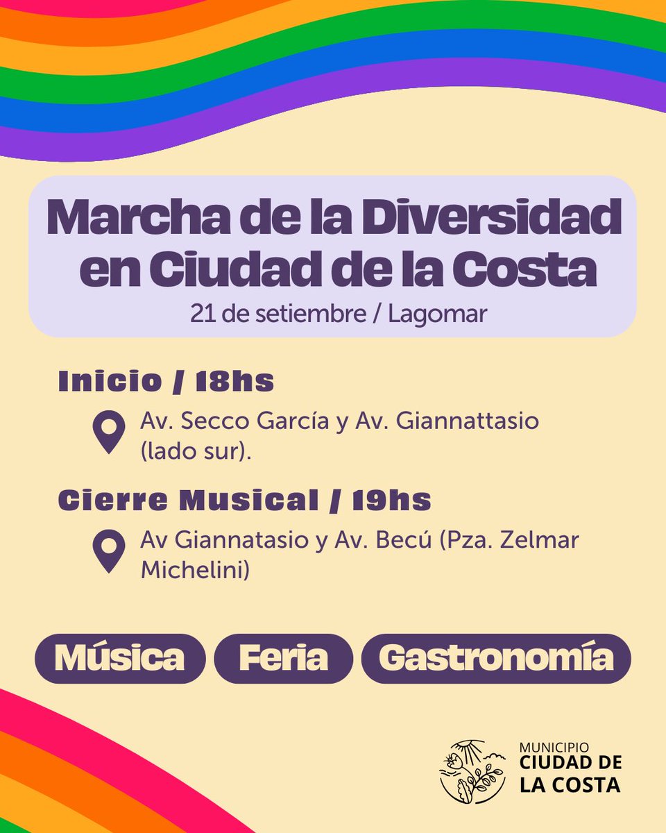 🏳️‍🌈Marcha de la Diversidad en Lagomar
Se marcha para celebrar el respeto, la inclusión y la diversidad, y hay gran cierre musical con La Ventolera, Kndi.bot y Juan Mariño
🗓Domingo 21, 18:00 hs.
📍Desde Av. Secco García y Av. Giannatasio (lado sur)
