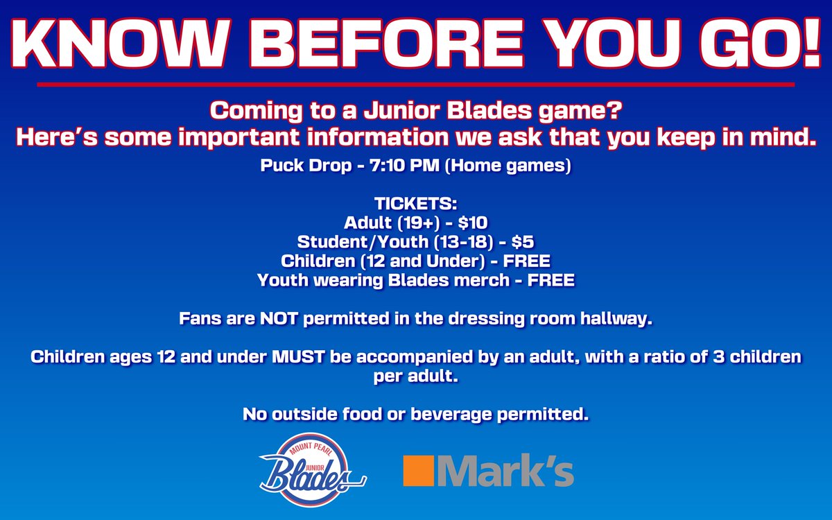 KNOW BEFORE YOU GO!

Coming to a Junior Blades game?
Here’s some important information we ask that you keep in mind.

The Glacier Box Office will strictly enforce the 3:1 children to adult ratio.