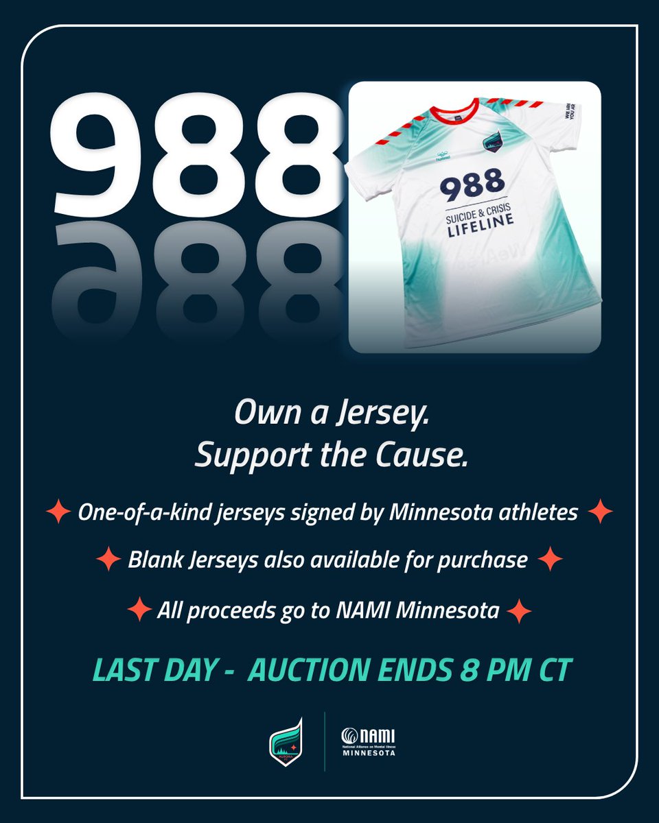 MNAuroraFC's tweet image. Together, we can make an impact. 
The 988 Mental Health jersey auction ends tonight at 8 PM CT — don’t miss this chance to support @NAMIMinnesota.
👉 Bid before time runs out: givebutter.com/c/988jerseys/a…