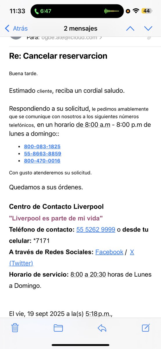 Eder2J's tweet photo. @liverpoolmexico me podrían ayudar por favor con una cancelación de una reservación o poder hacer algún cambio, llevo más de mil llamadas y después de teclear el número de localizador, se queda la llamada en espera y después se cuelga.
Envíe un correo y tampoco me dieron solución https://t.co/mG4tRdFx8Q
