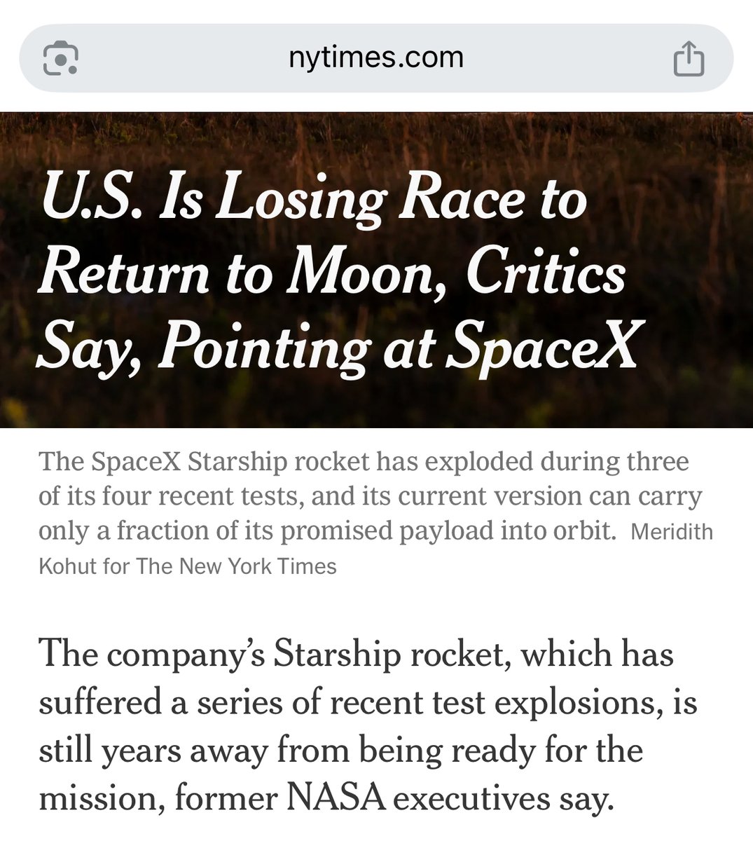 pronounced_kyle's tweet image. Absurd take.

Do you think the U.S. would be closer to winning WITHOUT SpaceX, @nytimes?