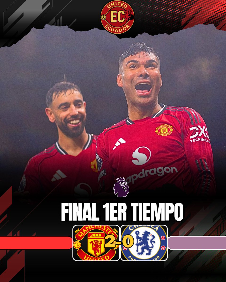 MUnitedEC's tweet image. FINAL DEL PRIMER TIEMPO ⏱️ 
#ManchesterUnited 2-0 #Chelsea 
⚽B. Fernándes
⚽Casemiro