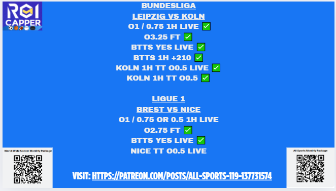 ROICapper1's tweet photo. Show Support by Hitting the Like Button or Sharing. 👊 🙏

1H SWEEPS Always Get a RECAP!!!! Shocking Anyone Would Get Off This #Soccer Train!!!!  🏧 ⚽️

 Visit:  https://t.co/BKEZiVXaBZ ⬅️

#leipzig #koln #bundesliga #ligueone #brestfc #ogcnice #liveplays #sportsbetting https://t.co/NOCjIvj4Qz