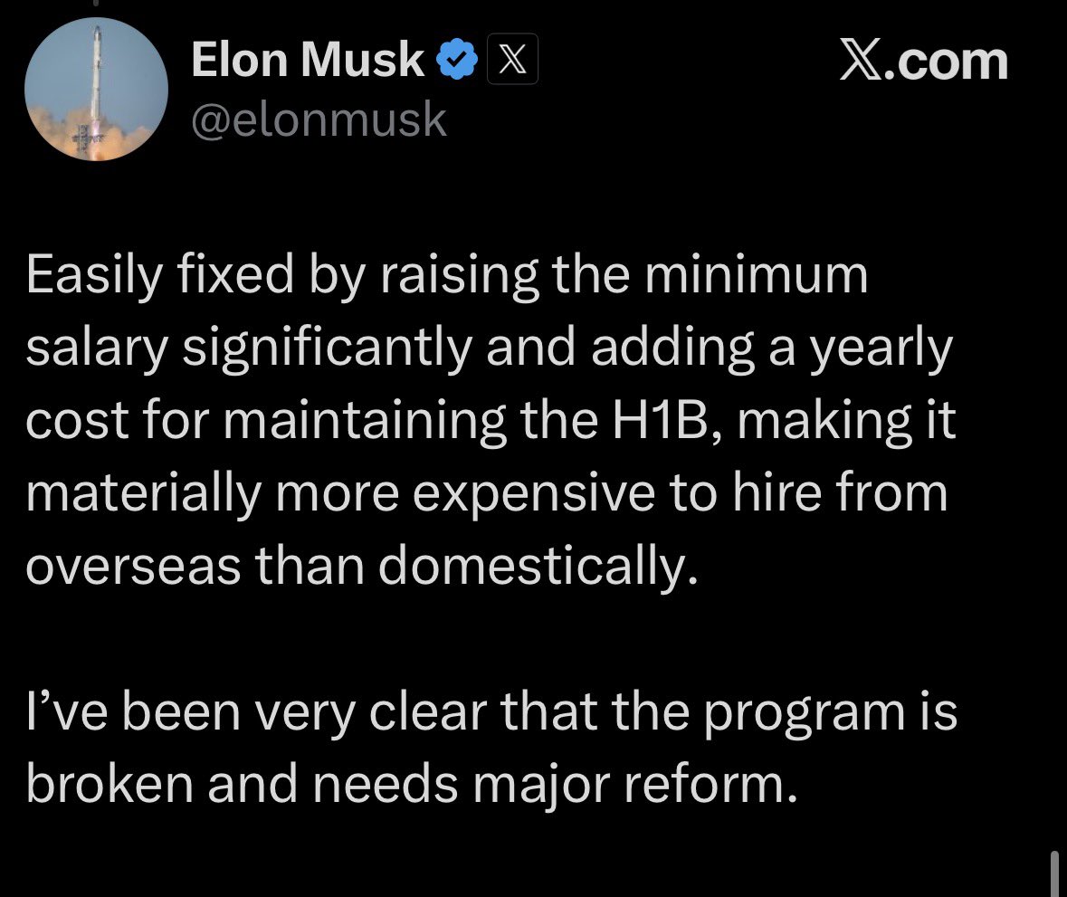 Notice the wording. He didn’t say hire Americans. Hire “domestically.”

Elon sources his H1Bs “domestically.” Which is why he and all of big tech will not have to pay 100k for the vast majority of cases.