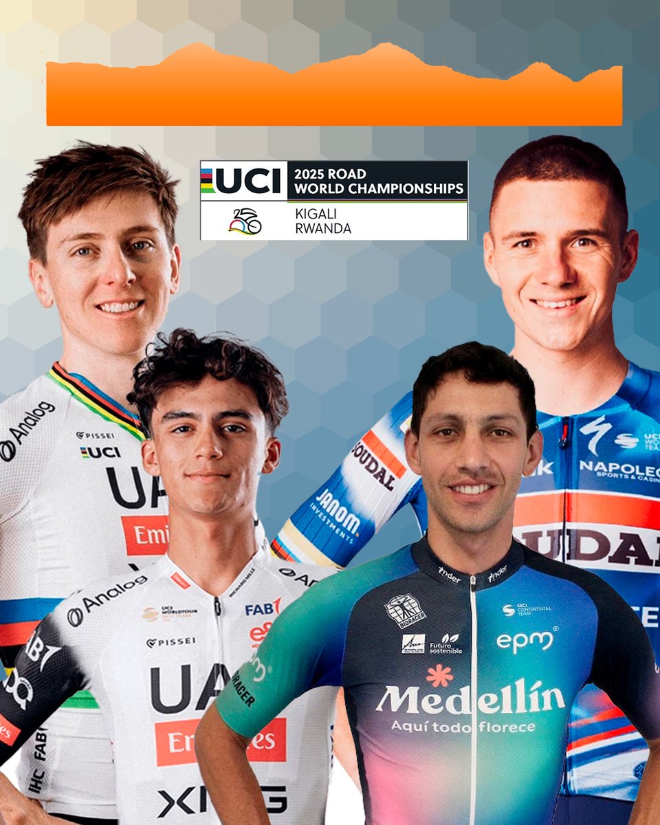 RodriSabato's tweet photo. Únicamente 2 Latinoamericanos estarán presentes en el mundial de Crono Elite mañana: 

🇲🇽 Isaac del Toro 
🇨🇴 Walter Vargas 

Serán 41 km muy montañosos donde los máximos favoritos son Pogacar y Evenepoel por el arcoíris. https://t.co/i2vHjZ2Ioq