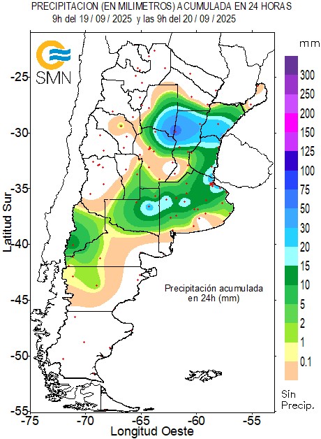SMN_Argentina's tweet photo. 20SEP | 🌧️Estos son los valores de precipitación de las últimas 24h hasta las 9h:

Ceres 64
Monte Caseros 32
San Fernando 29
Reconquista 29
Mercedes (Ctes) 26
Morón 25
Aeroparque 24
Santa Rosa 24
Paso de los Libres 23
La Plata 22

⚠️ Seguí los alertas en https://t.co/HR4LGtOd3P https://t.co/VPjG4wuHKW