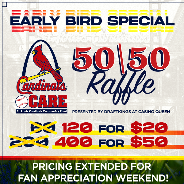 Don't miss your chance to win big all while supporting kids in our community!  Get your Cardinals Care 50/50 Raffle tickets now at cardinals.com/5050.  The drawing takes place at the end of the 7th inning during Sunday's game, so don't wait!