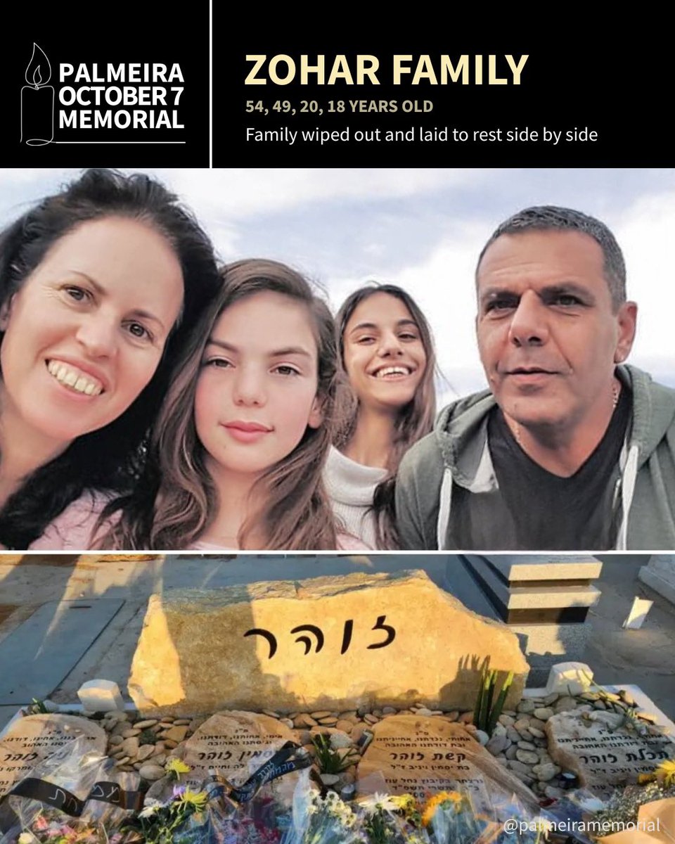Palmeira710's tweet image. 🕯️The Zohar family were at home when Hamas invaded. Terrorists murdered them inside their safe room. The only survivor was the youngest, Ariel, who had gone out for a jog early in the morning. He buried his parents and sisters and his grandad who was also murdered.

Never forget.