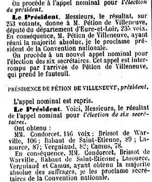 1792_1815's tweet photo. 20 septembre 1792 La Convention tient une 1ère séance au château des Tuileries (371 membres présents pour 749). Elle se déclare constituée et élit son bureau. Président #Petion, 6 secrétaires : #Camus, #RabautSaintEtienne, #Brissot, #Vergniaud, #Lasource, #Condorcet. https://t.co/WbVWsbyigh