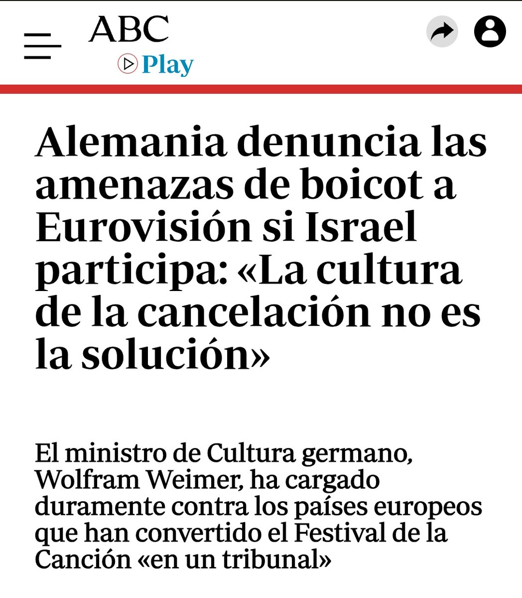 No hay q ser muy listo para darse cuenta de q nadie está cancelando la a Israel en Eurovisión.

Varios países han declarado que SUS PROPIOS PAÍSES no participaran este año en Eurovisión si Israel participa. 

Estaría bien un festival de Eurovisión solo con Alemania e Israel...🤣