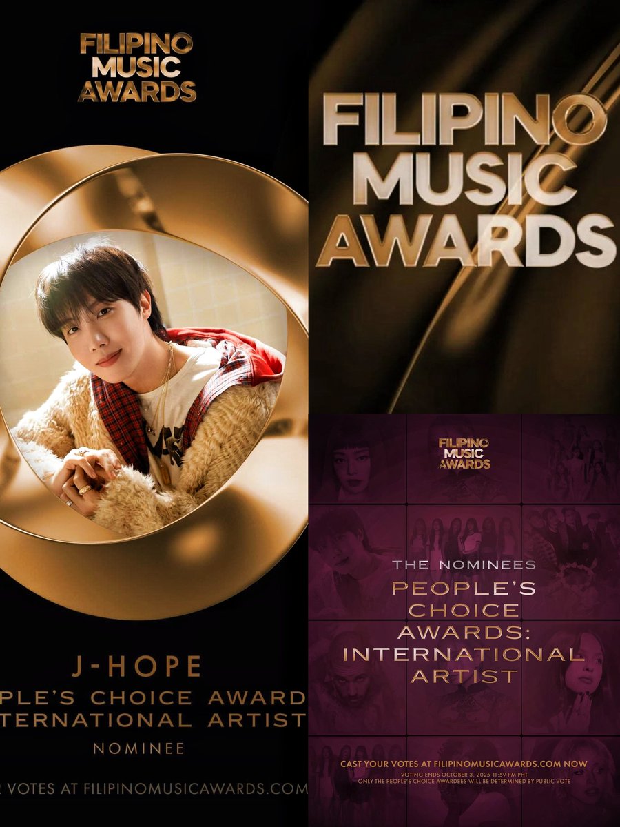 HUGE 🤯🤯 

#jhope is nominated at the Filipino Music Awards (FMA) in the "People’s Choice Awards: International Artist" category🏆 🇵🇭

— it's a pretty BIG backed by some of the biggest &amp; most prestigious media brands

—Voting is unlimited on the website
🔗filipinomusicawards.com/peoples-choice…