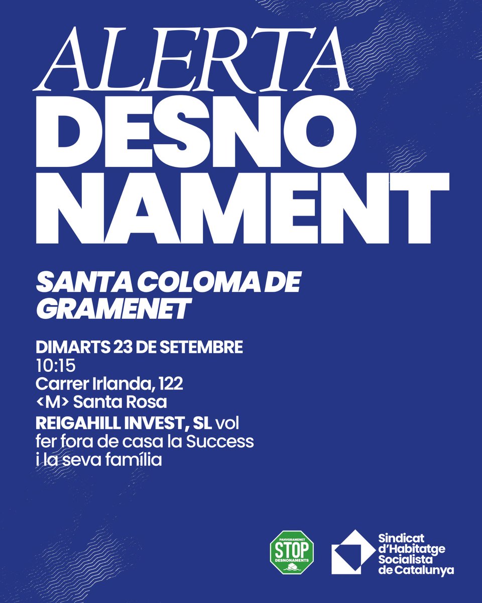 🔵 𝗗𝗘𝗦𝗡𝗢𝗡𝗔𝗠𝗘𝗡𝗧 𝗦𝗔𝗡𝗧𝗔 𝗖𝗢𝗟𝗢𝗠𝗔

💸 El proper dimarts un fons voltor vol fer fora la Success i la seva família.

I els col·lectius d’habitatge del cinturó del Besòs ho impedirem! ✊

💪 La <a href="/PAHVgramenet/">PAHV Gramenet</a> i el Sindicat, organitzem la classe.