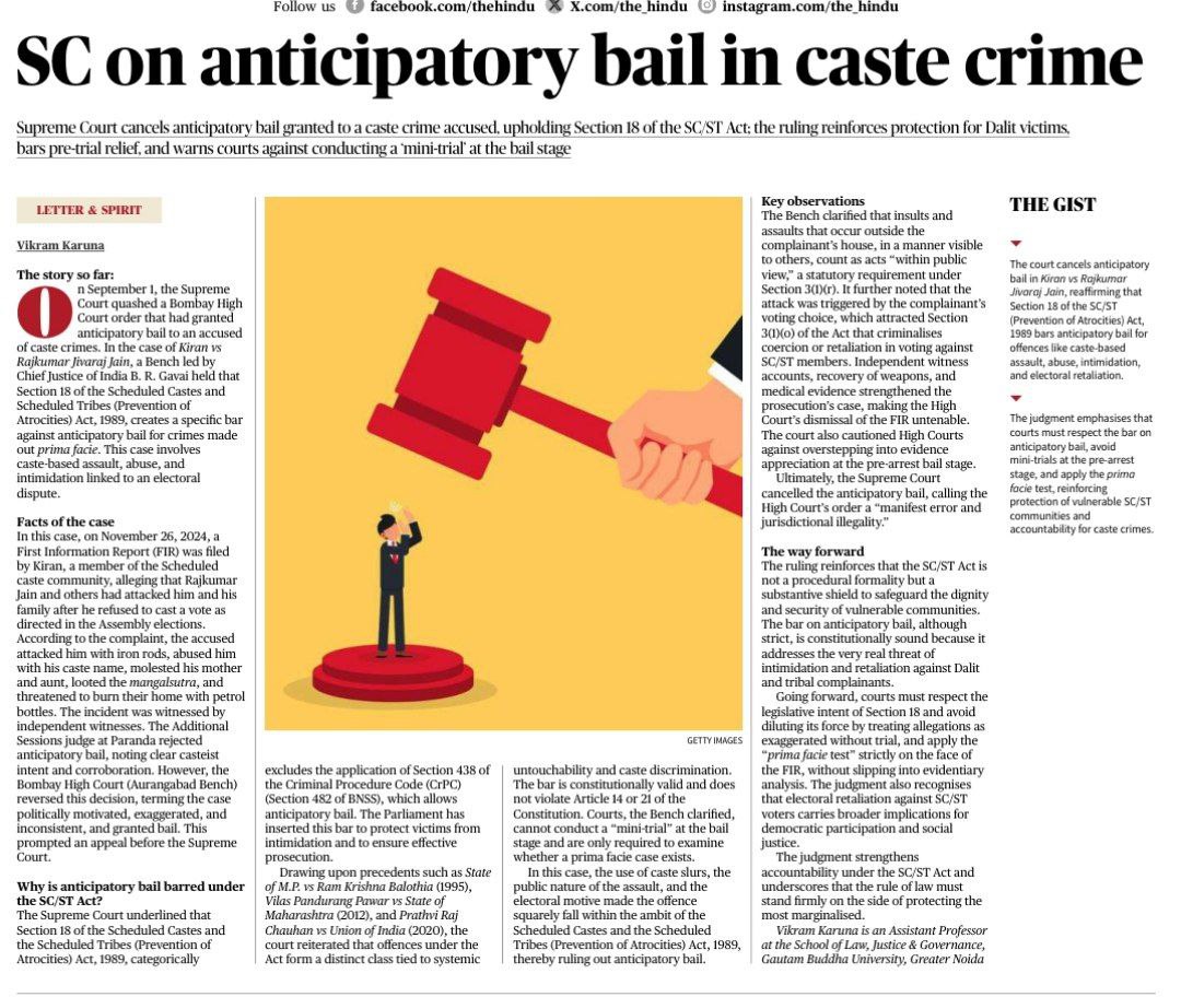 _upsc_focus's tweet photo. SC on anticipatory bail in caste crime
Details
#PT #AnticipatoryBail #CasteCrime #SCSTPoAAct1989 #Section18 #Polity #upsc
Source: TH https://t.co/oeoqGramdu