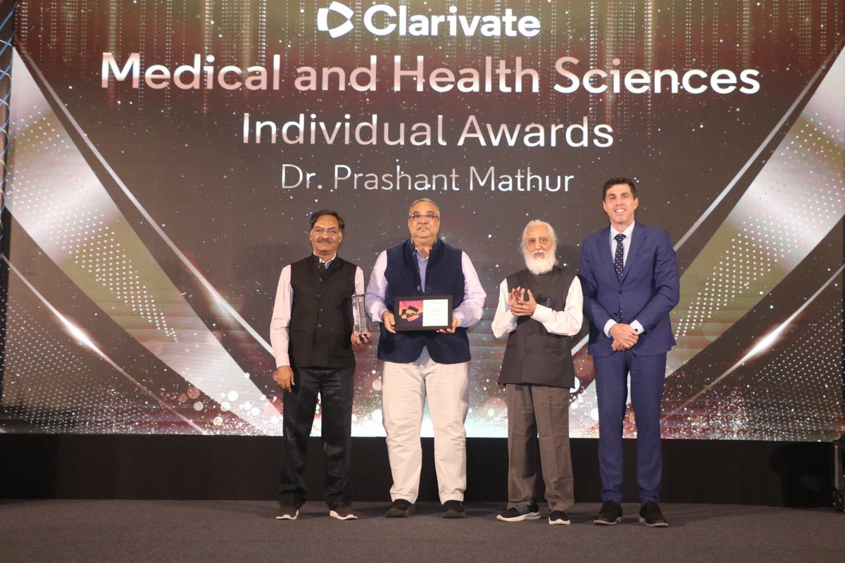 ResearchSchola6's tweet image. Heartiest congratulations to Dr. Prashant Mathur, Director @ICMR_NCDIR, on receiving the Clarivate–Web of Science India Research Excellence Citation Award 2025. Recognised as the top scientist in Medical &amp;amp; Health Sciences (2019–24)   @Ashutosh61 @adsahasrabudhe 
@icarindia…