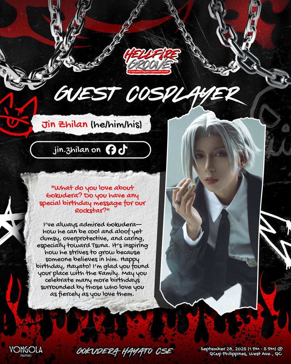 💥 GUEST COSPLAYER 💥

ONE WEEK TO GO before the hottest show of the year, and we're happy to announce that our Rockstar will be showing up in person to celebrate with us! 🔥🎸

Let's all give a roaring round of applause to <a href="/idontlovejingyi/">zhi 💚 plli era</a>! 🙌

#GokuderaHayatoCSE #HellfireGroove
