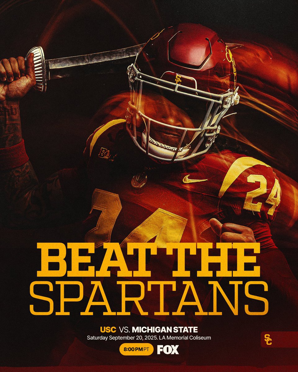 USC Football ✌️ (@uscfb) on Twitter photo Beat the Spartans‼️
🗓️ September 20th
⚔️ vs Michigan State
⏰ 8:00 PM PT / 11:00 PM ET
🏟️ <a href="/lacoliseum/">Los Angeles Memorial Coliseum</a>
📺 FOX Beat the Spartans‼️
🗓️ September 20th
⚔️ vs Michigan State
⏰ 8:00 PM PT / 11:00 PM ET
🏟️ <a href="/lacoliseum/">Los Angeles Memorial Coliseum</a>
📺 FOX