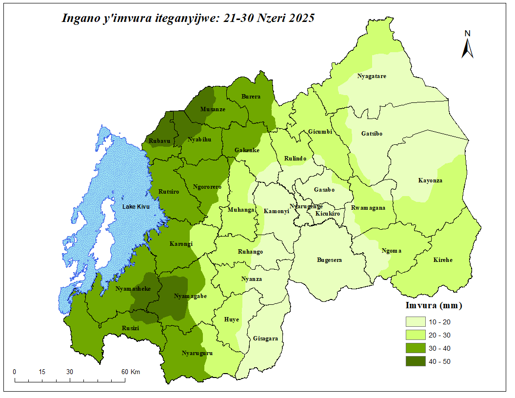 MeteoRwanda's tweet photo. ITEGANYAGIHE RY'IGICE CYA 3 
🗓️21-30 Nzeri 2025
Mu 🇷🇼 hateganyijwe:
 🌧️Imvura iri hagati ya milimetero 10-50, ikaba iri munsi y’ikigero cy’impuzandengo y’isanzwe igwa muri iki gice.
🌡️Ubushyuhe bwo hejuru buzaba buri hagati ya dogere Selisiyusi 18 na 31
➡️https://t.co/bPQWxOxAiE https://t.co/MwjpmsGG2H