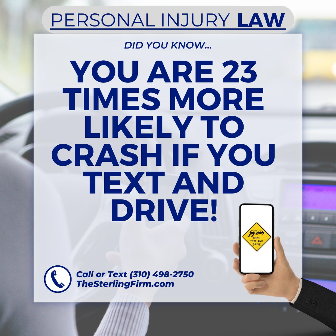 TheSterlingFirm's tweet image. 📲 Safety Tip! Texting while driving makes you 23x more likely to crash! A 5-second reply can lead to a fatal accident. If you’ve been injured by a texting driver, call The Sterling Firm (310) 498-2750 for a FREE EVALUATION. #TextingAndDriving #PersonalInjury #TheSterlingFirm