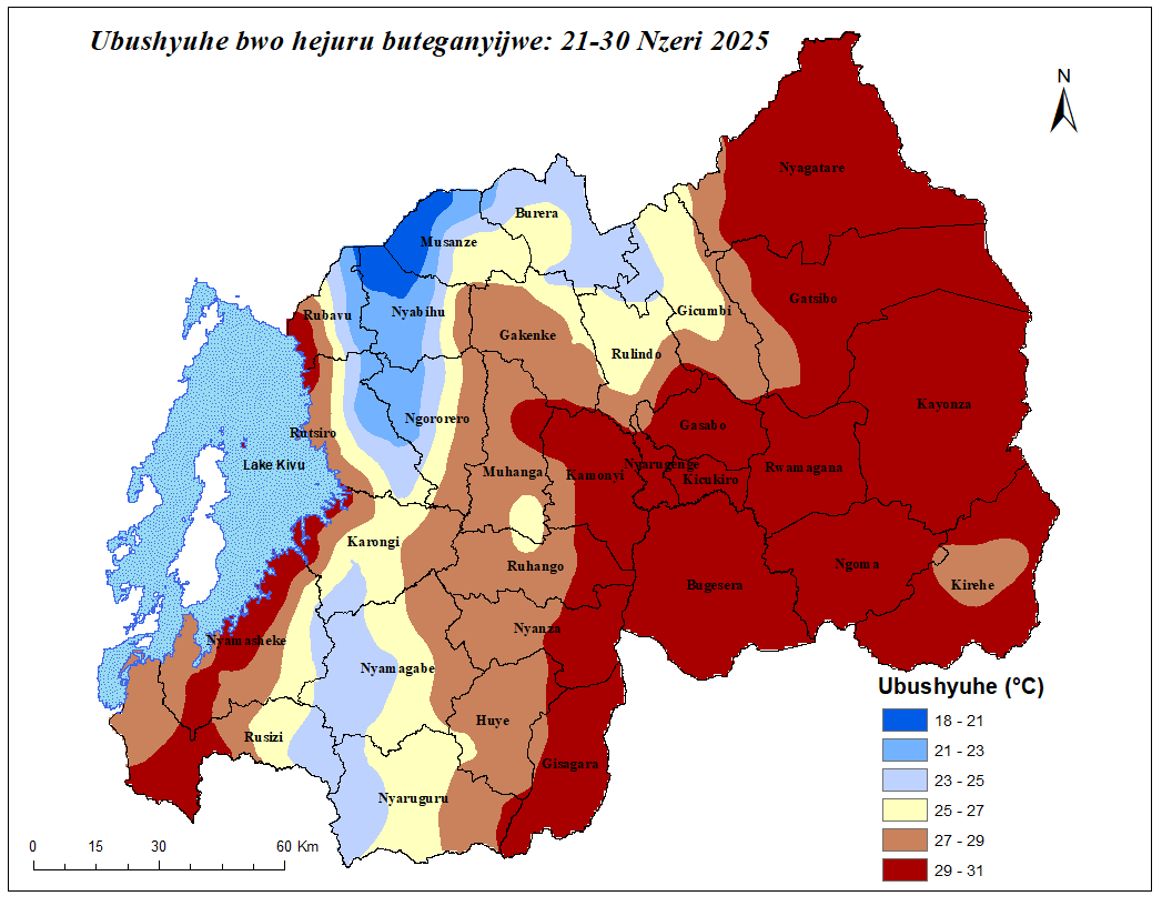MeteoRwanda's tweet photo. ITEGANYAGIHE RY'IGICE CYA 3 
🗓️21-30 Nzeri 2025
Mu 🇷🇼 hateganyijwe:
 🌧️Imvura iri hagati ya milimetero 10-50, ikaba iri munsi y’ikigero cy’impuzandengo y’isanzwe igwa muri iki gice.
🌡️Ubushyuhe bwo hejuru buzaba buri hagati ya dogere Selisiyusi 18 na 31
➡️https://t.co/bPQWxOxAiE https://t.co/MwjpmsGG2H