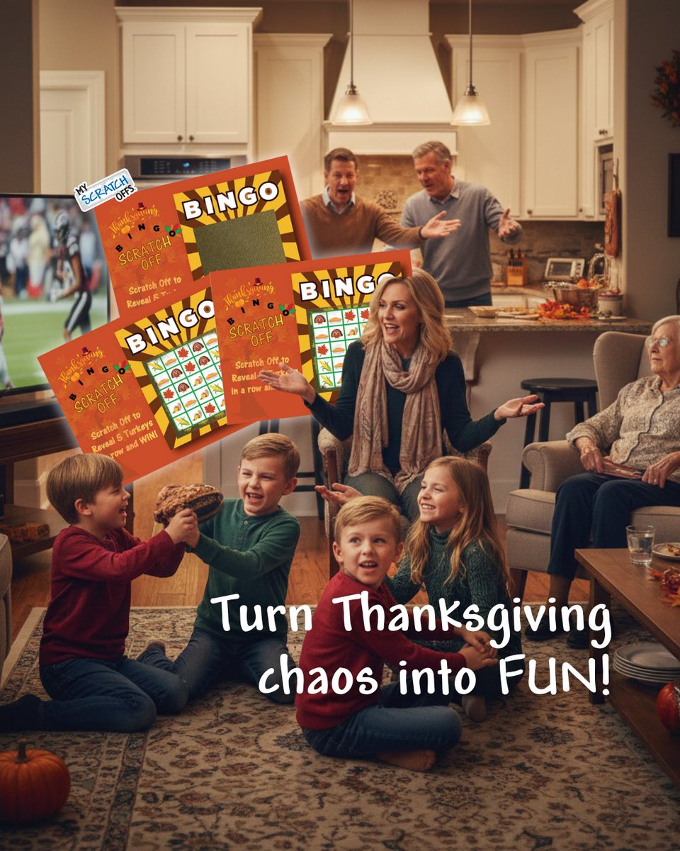 The turkey’s in the oven, pies are cooling, and the kids are already bored and Aunt Linda is telling the same story for the fifth time.

Enter Turkey Bingo Scratch-Off Cards. Suddenly, the chaos turns into laughter, friendly competition, and excitement!

#MyScratchOffs