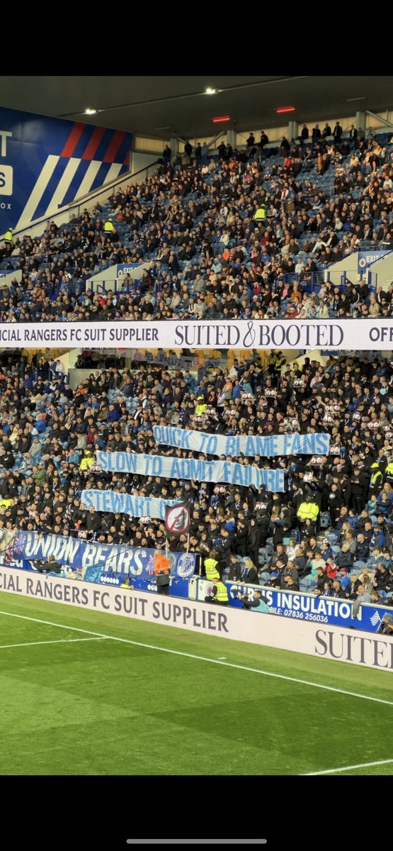 “Quick to blame fans. Slow to admit failure. Stewart out.”

A banner calling for the removal of CEO Patrick Stewart is met with applause around the stadium.