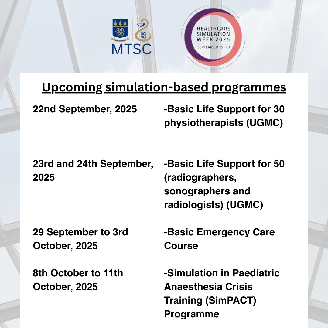 UGMCSim's tweet image. Upcoming simulation-based programmes at the MTSC.

#HcSimWeek25 #ugmcsim #healthsimulation #simulation #cpd #healthcare #heatheducation #events #rentals #ugmc #mtsc
