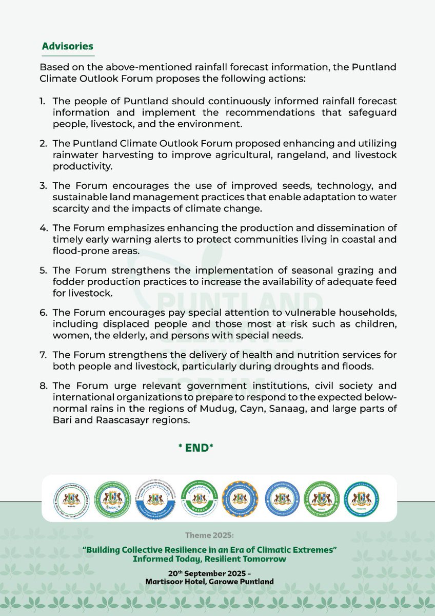 📌 Read the key points from the Puntland Climate Outlook Forum (PCOF 2025): The forum reviewed the 2025 Deyr rainfall forecast and discussed the impacts of climate change on Puntland. Important recommendations were also issued.

#Puntland #ClimateAction #PCOF2025 #Somalia #ICPAC