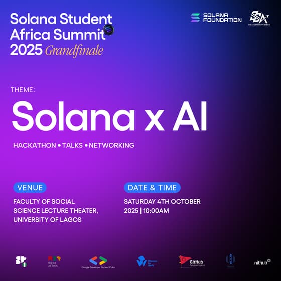 🚀 Solana x AI Hackathon 2025 Grand Finale is here

📅 Oct 4 | 🕙 10 AM
📍 UNILAG, Faculty of Social Science LT
💰 $10,000 Prize Pool
⚡ Tracks: Solana Pay | AI Metadata | AI Agents | DeFi+AI | EduTech

👉 Register: luma.com/vq3r9q1p